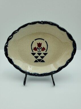 Spongeware Stencil Tulip Flower Basket Oval Plate Appetizer Dish Catch-All Tray